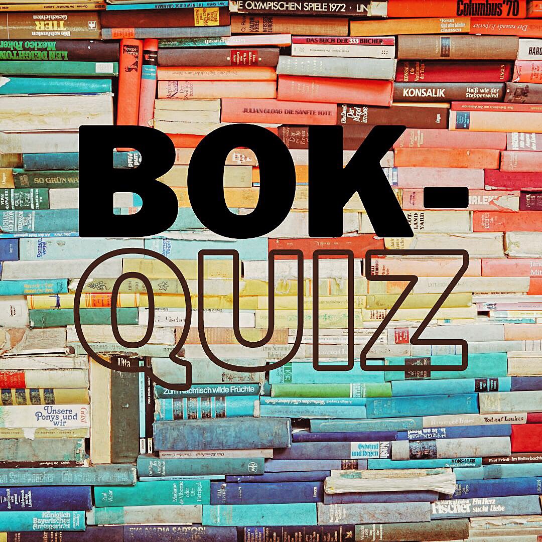 Orden bok-quiz står skrivet mot en bakgrund av högar med böcker i olika färger.